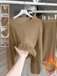 EMERY ROSE New Fashion Autumn/Winter Round Neck Fluffy Loose Casual Slouchy Knitted Wide Leg Pants & Sweater 2 Pieces Set - Brown - View 3