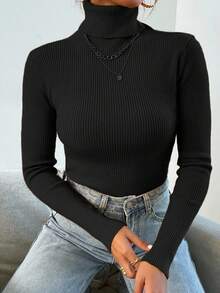 Aidyla Turtleneck Ribbed Knit Jumper Without Necklace - Black - View 3