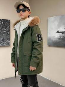 Genkimix Kids 1pc Boys' Autumn/Winter New English Letter Printed Military Green Front Pocket Zipper Hooded Thickened Casual Windbreaker Coat Fall - Army Green - View 1