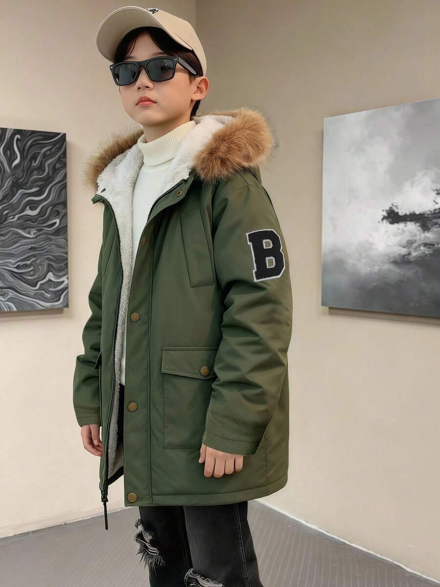 Genkimix Kids 1pc Boys' Autumn/Winter New English Letter Printed Military Green Front Pocket Zipper Hooded Thickened Casual Windbreaker Coat Fall - Army Green - View 1
