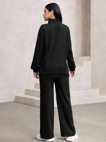 Mulvari 2pcs Set Women Raglan Sleeve Zip-Up Colorblock Elegant Cardigan And Pants - Black - View 2