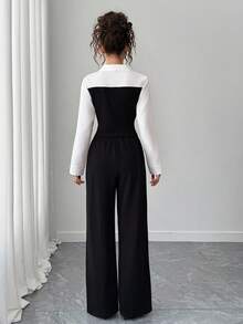 2件套青少年春秋款黑色拼布白衬衫长袖+休闲裤 - 黑色 - 查看 2