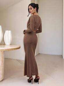 Modelyn Women's Solid Color Scoop Neck Long Sleeve Cropped T-Shirt And Mermaid Hem Fitted Skirt 2-Piece Set, Elegant - Coffee Brown - View 2