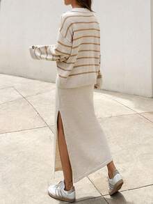 SHEIN Tall Women's Striped Drop Shoulder Sweater And Knit Slit Skirt Set - Beige - View 2