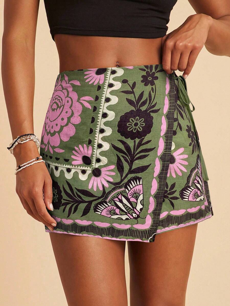 Travachic Quần short đi biển phong cách Bohemian thoải mái, thắt eo và viền bèo nhún dành cho nữ, thích hợp cho mùa thu, tiệc Giáng sinh, năm mới, lễ tốt nghiệp trang trọng, dạ hội sang trọng, dạo phố, đi chơi. - màu xanh lá - Xem 1