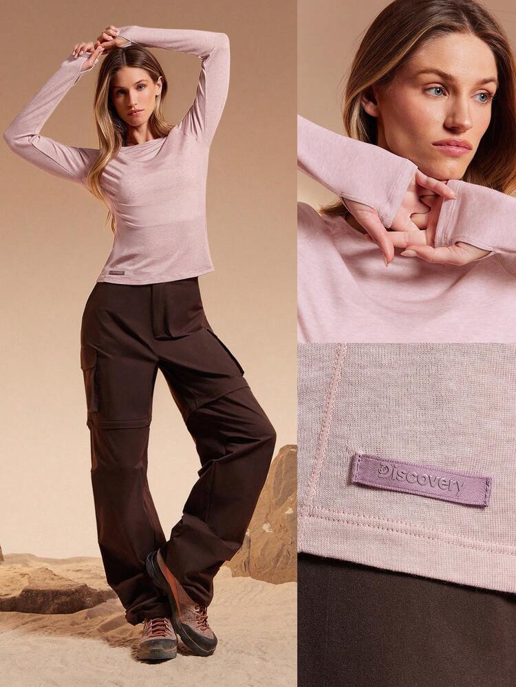 Camiseta de manga larga de mezcla de lana merina suave, cálida y ligera con costuras contrastantes, ojales para el pulgar, ajuste ceñido, cuello redondo para actividades al aire libre, senderismo y uso diario en otoño e invierno