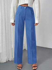 SHEIN 经典系带细节裤，高腰设计，前褶设计，商务正装，直筒剪裁，职业装，修身剪裁，办公室时尚，正式裤装，时尚休闲，线条简洁，传统风格，工作衣橱必备，优质面料，精致外观，公司服装，现代廓形，商务专业 - 藍色 - 查看 3