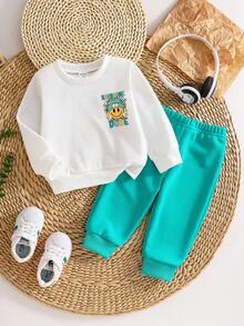 SHEIN Playful Pals 2件組男嬰白色秋季可愛圖案度假返校棋盤格臉孔MAMA'S BOY字母印花圓領運動衫與運動長褲套裝 - 白色 - 查看 3