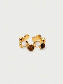 Glisma 18K Gold-Plated Open Ring, Unique Design Finger Ring For Women,Work,Casual,Shopping,Vintage,PREMIUM,Metallic/Texture,Western Jewelry,Old Money,Gemstone,Outfits,Fall/Autumn/Winter,For Mom/Women/Girl/Mother,Premium - Gold - View 1
