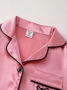 Genkimix Kids 2件套幼儿女童蝴蝶结刺绣和心形印花撞色饰边长袖上衣和裤子睡衣套装