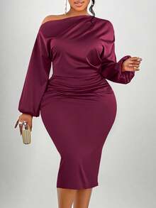 SOLERSUN 女士时尚纯色不对称领口褶饰侧边缎面紧身连衣裙长款女装 - 中紫紅色 - 查看 5