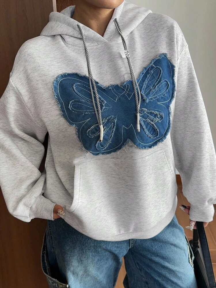 Dazy Plus Thermal Lined Casual Sweatshirt With Bow Patch, Sporty & Comfortable, Plus Size For Women, Autumn/Winter
