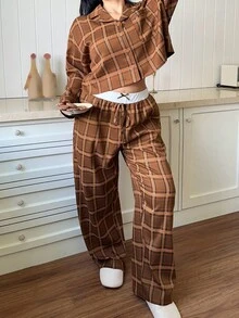 Dazy Plus 2pcs Plaid Loose Fit Casual Pajama Set, Suitable For Outdoor Wear, Plus Size Women, Spring/Autumn, Cozy Outfit, Fall Winter Clothes - Khaki - View 6
