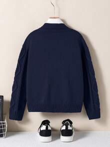 SHEIN 1pc Boys' Retro Style Cardigan, Cable Knit Double-Breasted Classic Striped V-Neck, Regular Sleeve, Neat Hem, Light Gray Classic Knit Sweater, Versatile Casual Jacket, Well-Made, Suitable For Spring And Autumn Fall Winter - Navy Blue - View 2