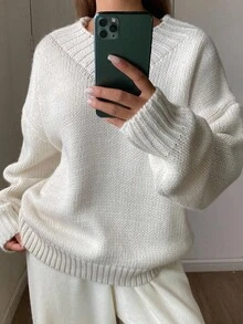 DAZY V-Neck Loose Oversized Sweater For Women Fall/Winter - Beige - View 2