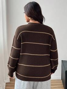 Dazy Plus Suéter solto listrado com blocos de cores contrastantes, tamanho grande feminino, outono/inverno - Castanho - Ver 2
