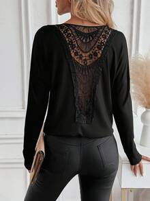 EMERY ROSE 女式休闲纯色蕾丝拼布T恤，秋季 - 黑色 - 查看 2