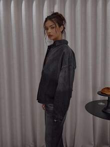 MUSERA Oversized Button Down Washed Denim Shirt Co-Ord Top Only Streetwear Cute Classy Casual Sexy Going Out Fall Autumn Toffee Chic Spring Summer - Black - View 4