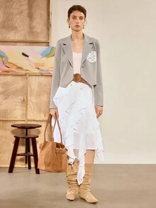 Franclia 女士优雅蕾丝拼布长袖短款灰色西装外套，春秋装 - 灰色 - 查看 6
