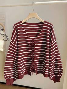 Comfortcana Cardigan Longgar Bergaris Kasual Wanita Ukuran Besar, Model Ikat Pinggang, Musim Gugur/Dingin - Red and White - View 1