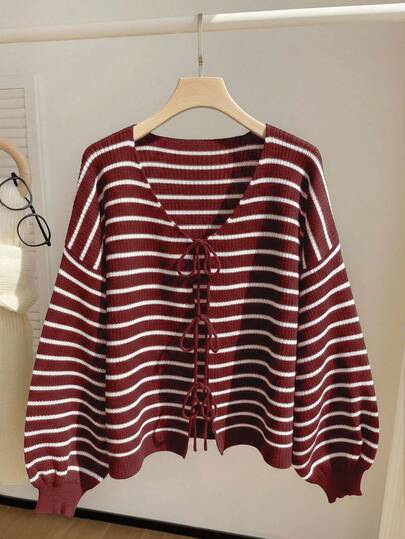 Comfortcana 大码女式休闲条纹系带宽松开衫，秋冬