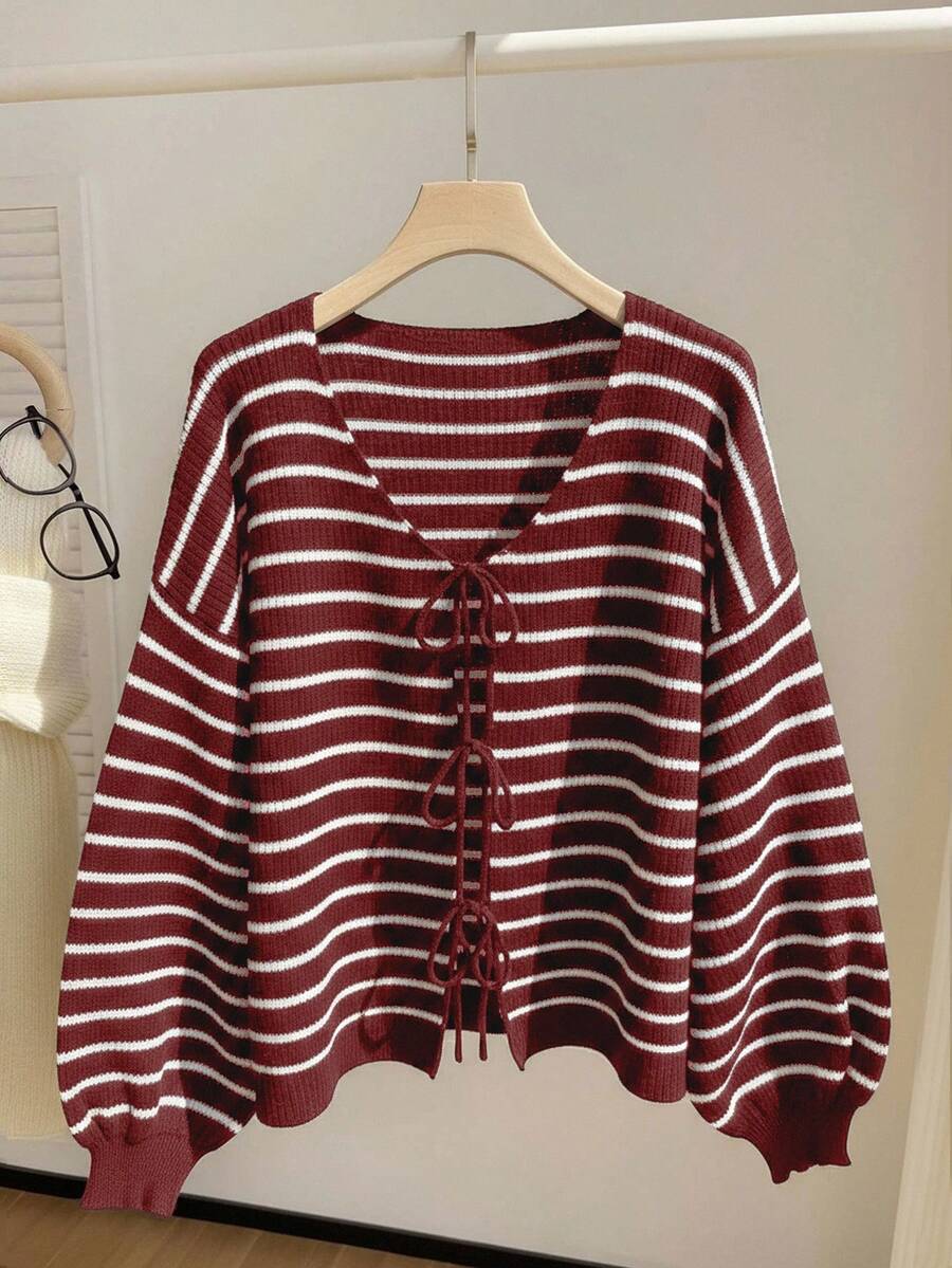 Comfortcana Cardigan Longgar Bergaris Kasual Wanita Ukuran Besar, Model Ikat Pinggang, Musim Gugur/Dingin - Red and White - View 1