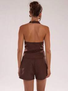 SHEIN BAE 女士时尚性感露背吊带上衣，夏季 - 咖啡棕 - 查看 2