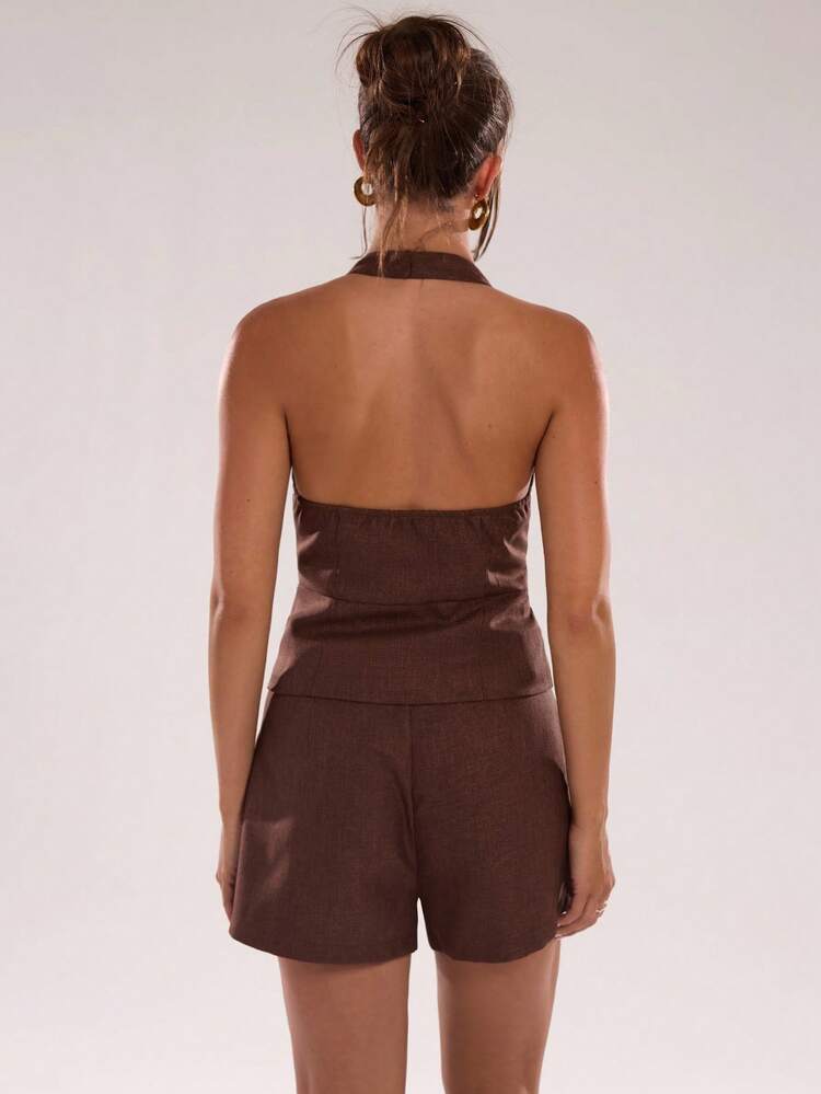 SHEIN BAE 女士时尚性感露背吊带上衣，夏季 - 咖啡棕 - 查看 2