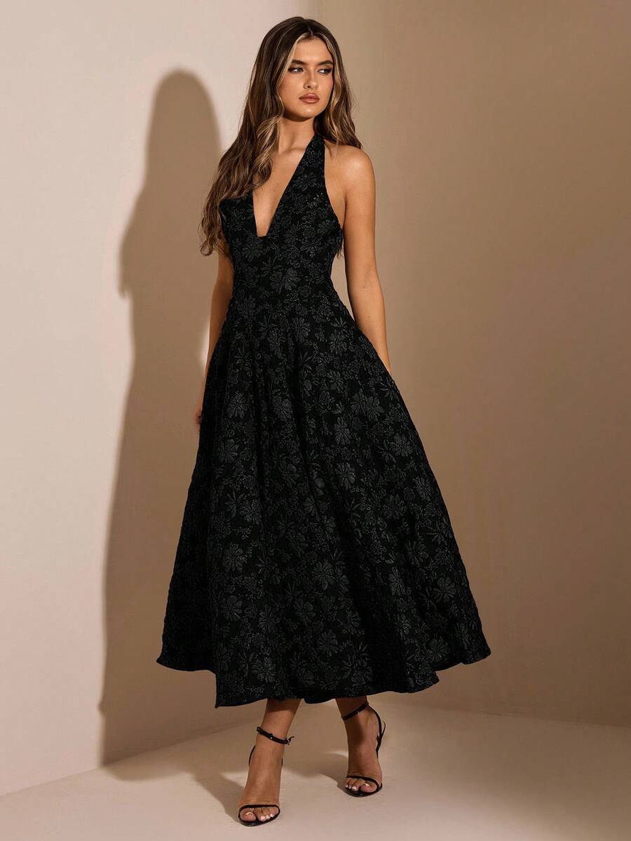 SHEIN BAE 秋冬棕色花卉纹理高领紧身连衣裙，适合约会、夜晚外出、派对、生日、优雅连衣裙、咖啡色连衣裙、生日连衣裙、节日连衣裙 - 黑色 - 查看 1