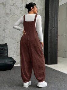 SHEIN EZwear 大码灰色弹力羊毛罗纹背带裤，秋冬 - 棕色 - 查看 2