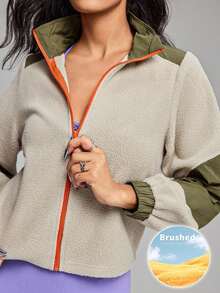 Innovista Chaqueta deportiva de manga larga con cremallera delantera y ajuste holgado de color contrastante para mujer - Caqui - Ver 4