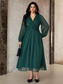 Roveilla 大码女式优雅复古中东风格雪纺连衣裙，褶皱面料，褶皱，腰部扭纹，A 字廓形，灯笼袖，长袖，适合下午茶、派对、春秋冬 - 墨綠色 - 查看 4