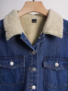 EMERY ROSE 女士时尚牛仔外套，带保暖内衬，秋冬季 - 深色水洗藍 - 查看 5