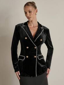 COSMINA Damen Blazer mit Fake-Perlen-Dekor am Kragen, Langarm, Doppelreiher, eleganter Blazer, Samt-Schwarz-Mantel für Herbst und Winter