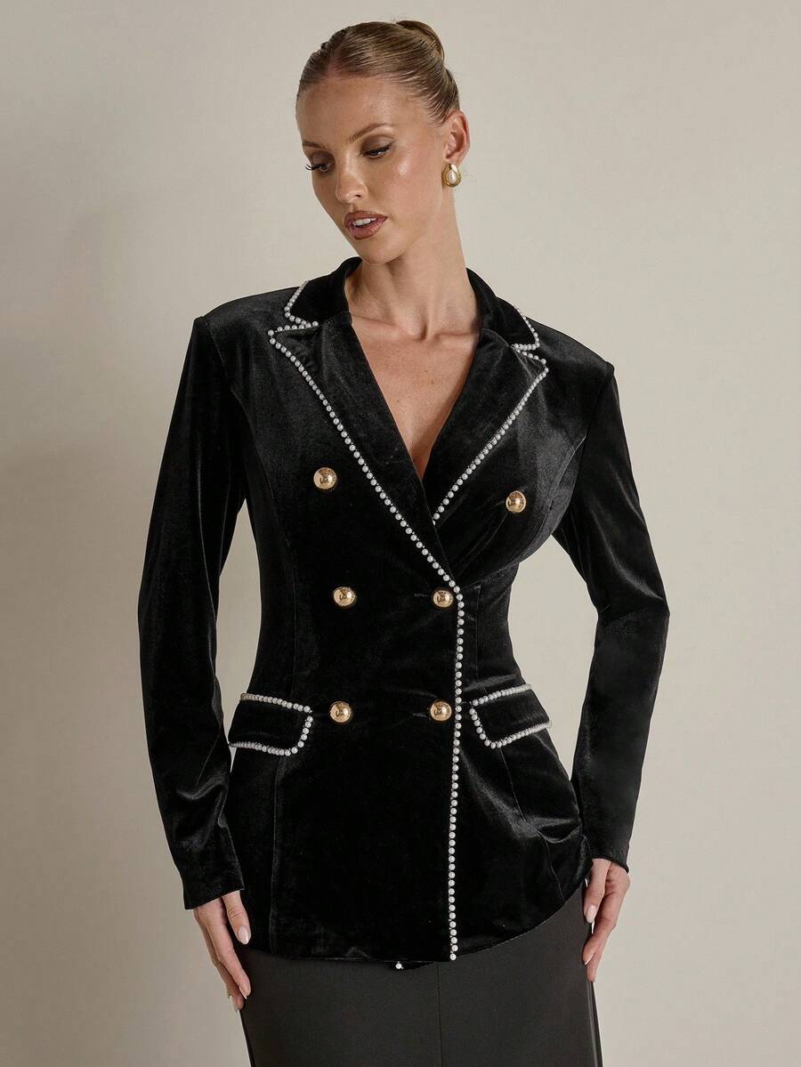 COSMINA Damen Blazer mit Fake-Perlen-Dekor am Kragen, Langarm, Doppelreiher, eleganter Blazer, Samt-Schwarz-Mantel für Herbst und Winter