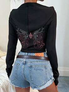 Attitoon 休闲复古哥特朋克Y2K风格交叉翅膀卷轴巴洛克定位印花图案女式修身连帽T恤，适合秋季穿着，百搭，机场、音乐节皆宜 - 黑色 - 查看 9