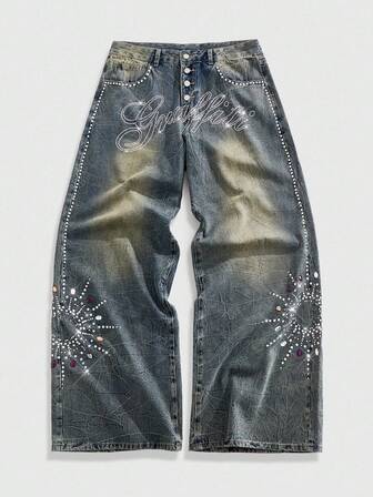 Street Life Jeans amples et vintage à la mode pour hommes, avec effet délavé bleu et diamants scintillants