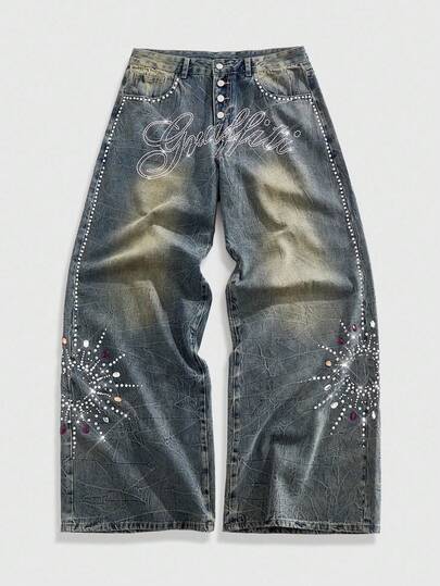 Street Life Jeans holgados de corte vintage con lavado azul y destellos de diamantes para hombres