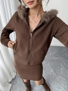 2 件套青少年女孩毛衣连帽夹克和紧身迷你裙套装，秋季时尚套装 - 灰色 - 查看 6