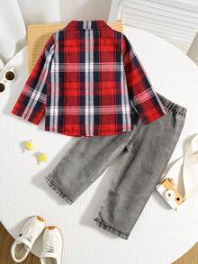SHEIN 2 件套男婴/女婴红色格子领长袖上衣和牛仔裤套装，百搭休闲装，适合秋冬季
