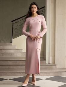 ZEYLAH Elegant 3D Applique Long Dress For Women - Pink - View 4