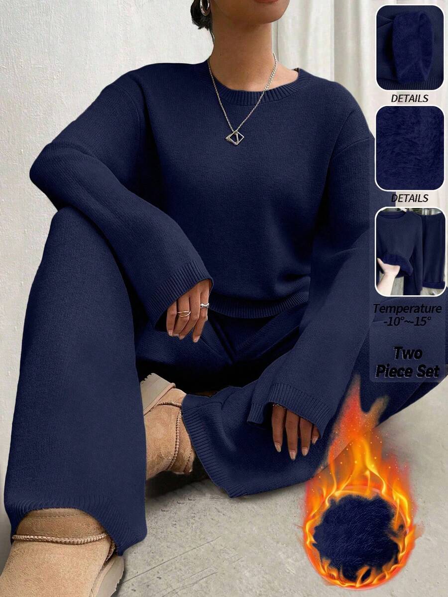 EMERY ROSE New Fashion Autumn/Winter Round Neck Fluffy Loose Casual Slouchy Knitted Wide Leg Pants & Sweater 2 Pieces Set - Navy Blue - View 1