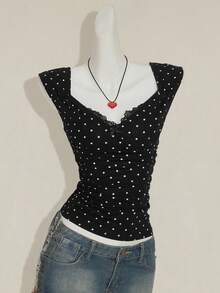 SHEIN ICON Women's Sexy Millennial Style Y2K Young Fashion Black Background White Polka Dot Sweetheart Neckline Splicing Lace Lace Open Back Slim Knit T-Shirt - Multicolor - View 3