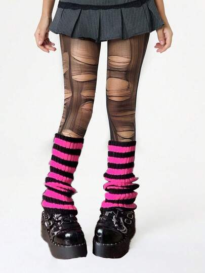 Grunge Punk 1 Pair Punk Style Tornado Pattern Red Fishnet Socks + 1 Pair Y2K Star Pattern Leg Garter, Suitable For Daily, Dance Party, Tight Fit Socks Combination