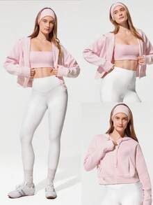GLOWMODE Sudadera con capucha de manga larga con bolsillos laterales con cremallera, forro polar de modal, con ojales para el pulgar, para uso diario y casual - Rosa Pálido - Ver 6