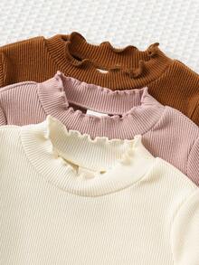 Cozy Pixies 3件套女婴纯色罗纹针织柔软圆领长袖荷叶边下摆连体衣套装 - 粉色 - 查看 6