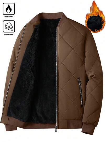 Manfinity Homme Plus Size Men's Long Sleeve Zipper Thermal Thermal Lined Brown Quilted Winter Coat, Solid Color Street Wear, Zipper Pocket Fashionable Design, Suitable For Daily Casual Wear, Weekend Trips, Outdoor Activities, Travel And Relaxed Work Environment, Business Trip, It Is An Ideal Gift For Boyfriend Or Husband
