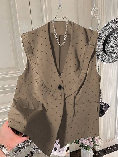 GlowEve CURVE 大码圆点无袖背心，褶边设计，宽松披肩领，仿口袋设计