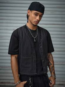 AXEPEAK 男士休闲通勤条纹双口袋背心，适合秋冬 - 黑色 - 查看 6