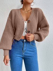 EMERY ROSE Cárdigan de punto casual de manga larga y hombros caídos de unicolor para mujer, otoño/invierno - Champán - Ver 3
